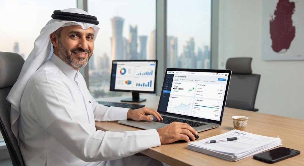 Business owner using online accounting and billing software in Qatar on a laptop